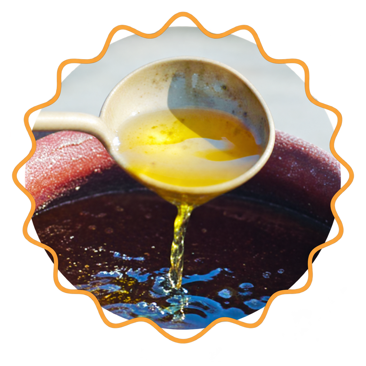 Pure golden ghee being filtered and poured