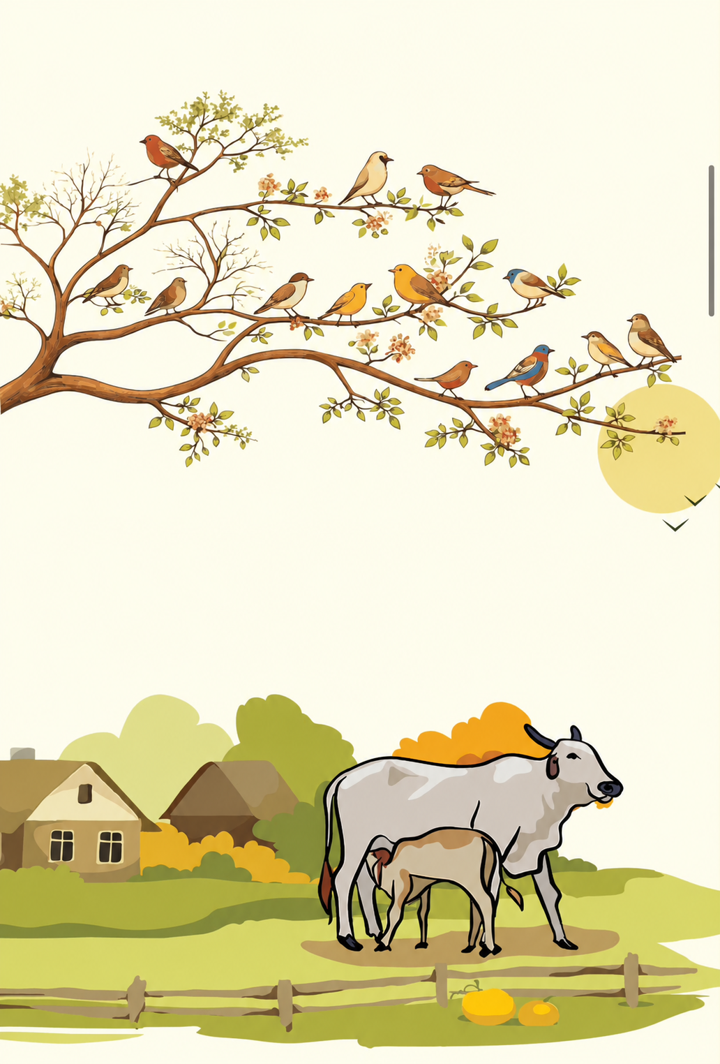 Traditional Indian village with birds, cows and a calf